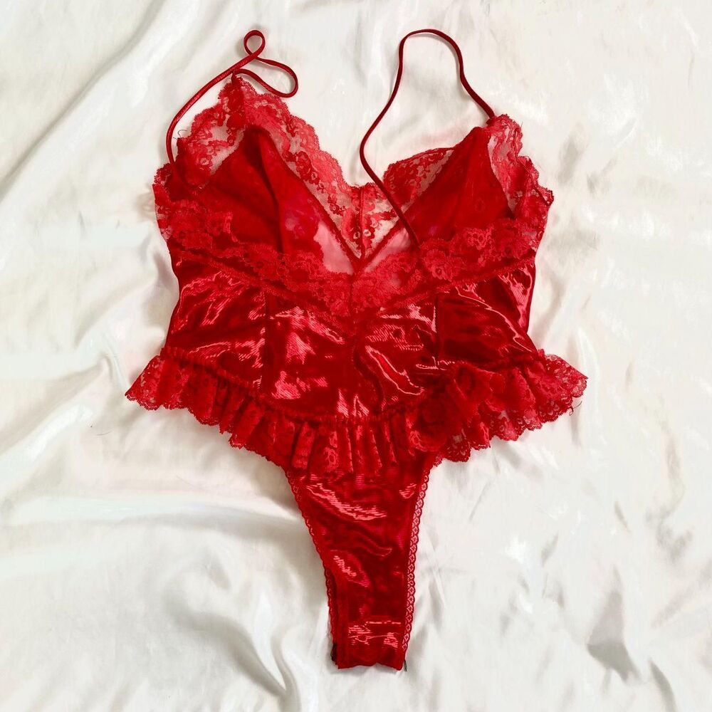 Vintage Made in USA Red Whimsical Coquette Lace Lingerie Teddy Bodysuit M - Picture 5 of 6